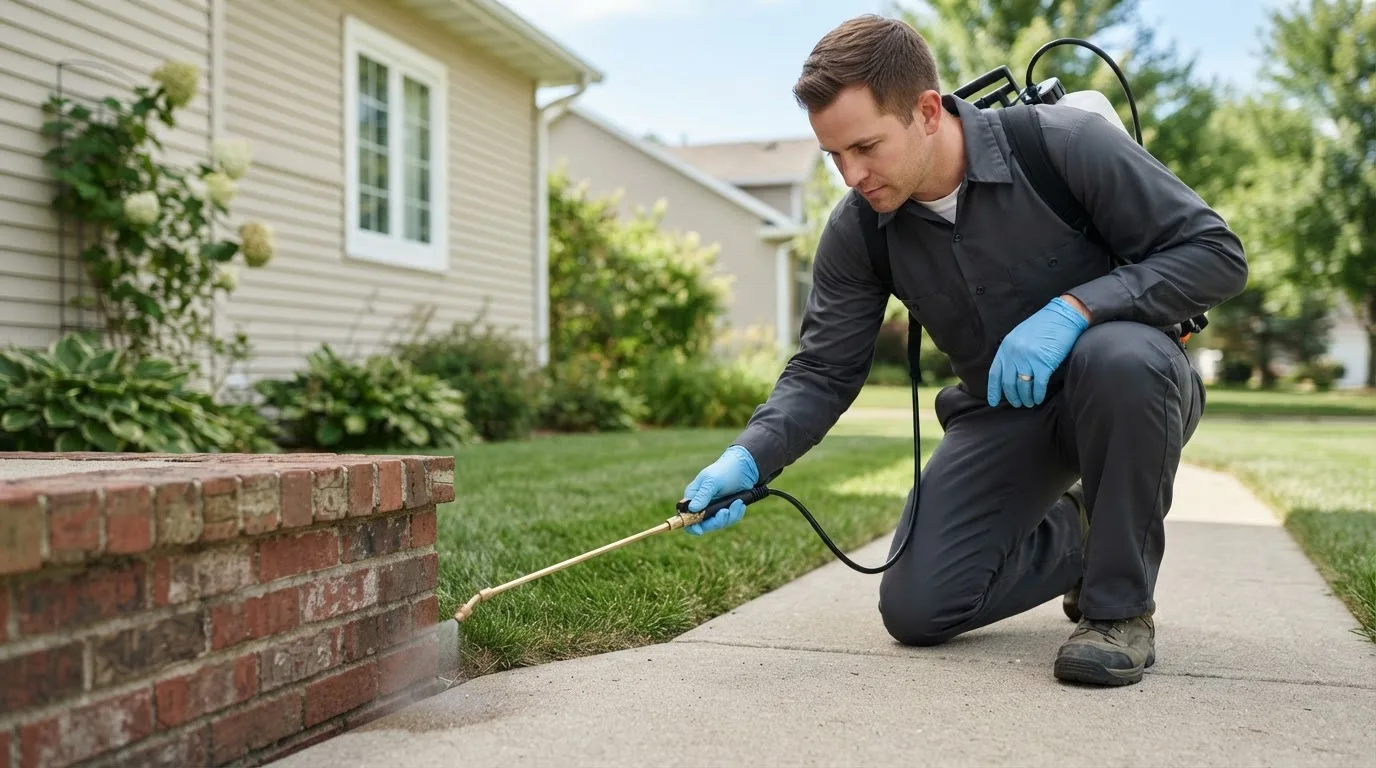 Pest control technician treating a home near Peoa, UT